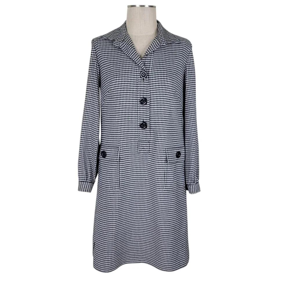 Talbots Coat Dress Size 8 Black White Houndstooth Side Slits Pullover Pockets